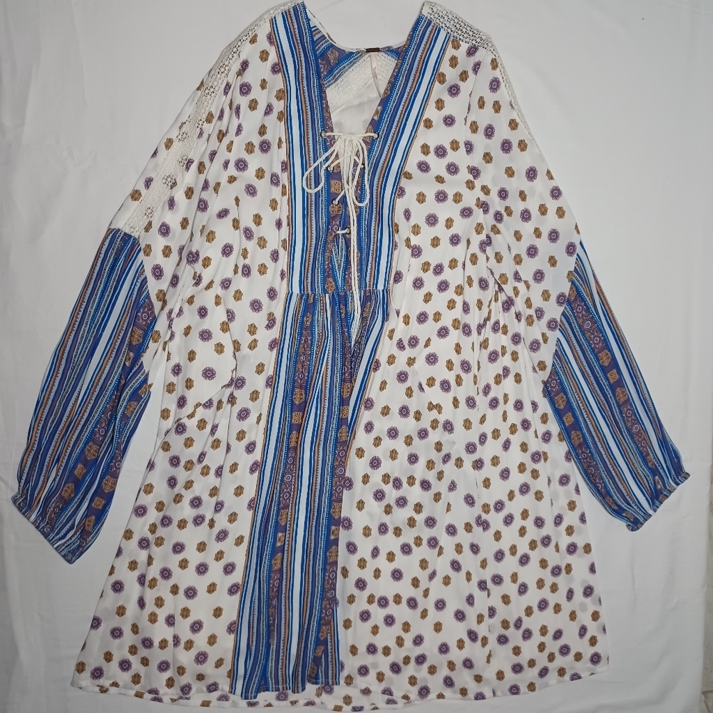 Bohemian Free People White and Blue Patterned Dress